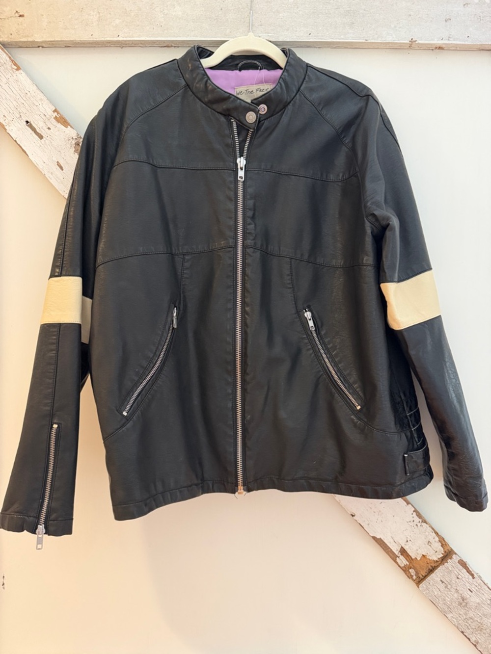 We The Free Black Faux Leather Jacket with Cream Trim